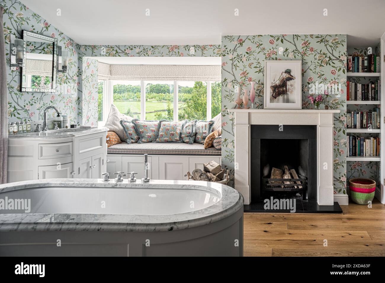 Luxury bathroom with eglomise decorated mirror and window seat in 16th ...
