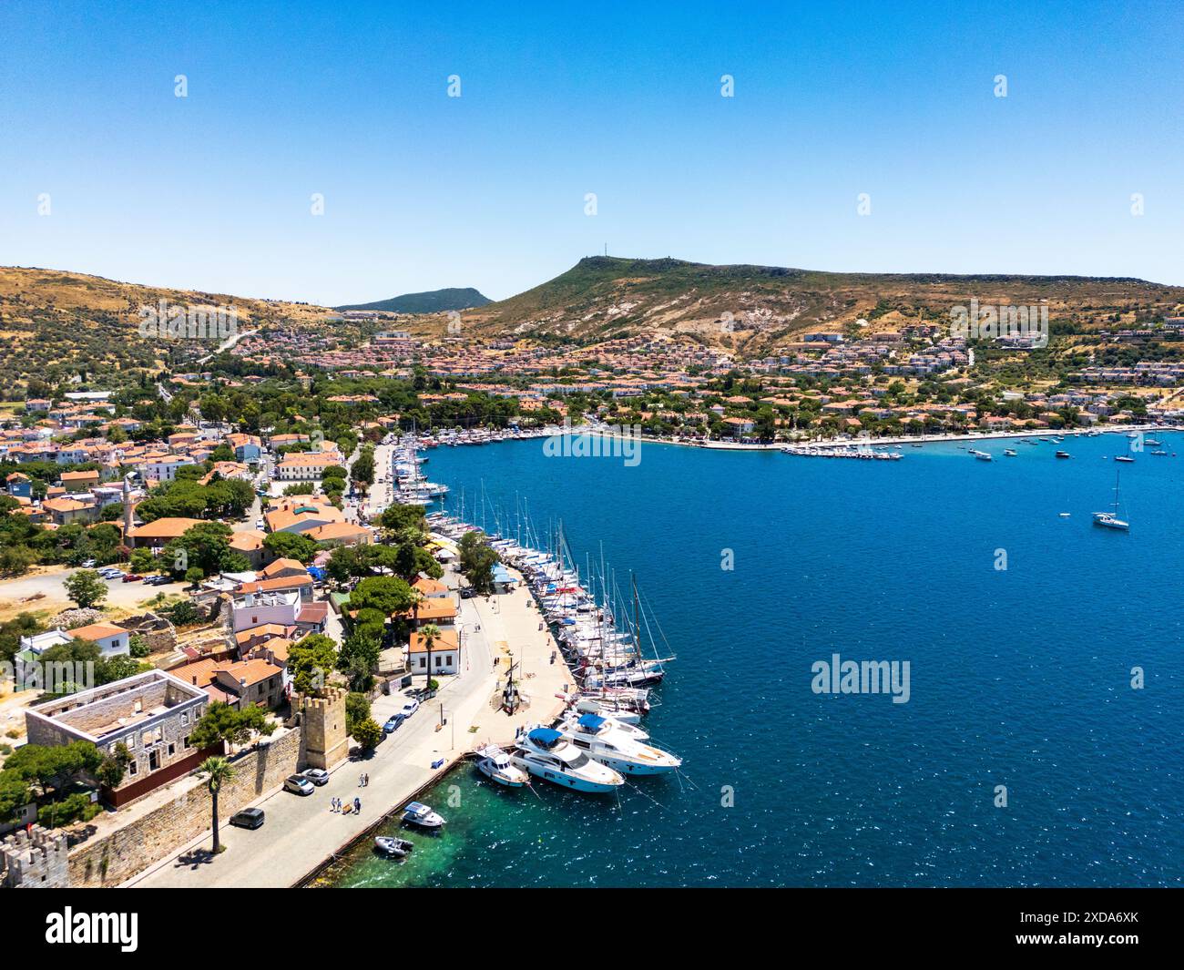 Eski Foca aerial drone view, a popular resort on the Aegean coast in