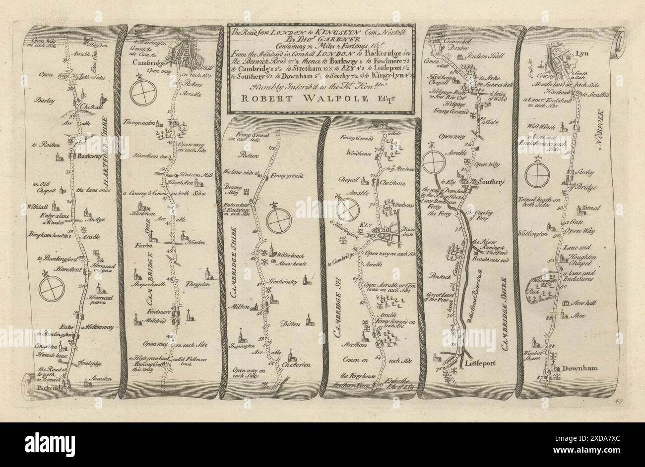 Puckeridge - Cambridge - Ely - King's Lynn. GARDNER road map #43 1719 ...