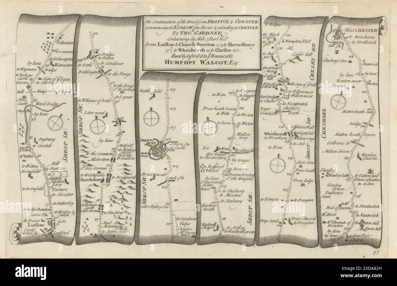 Ludlow - Shrewsbury - Whitchurch - Chester. GARDNER road map #57 1719 old Stock Photo