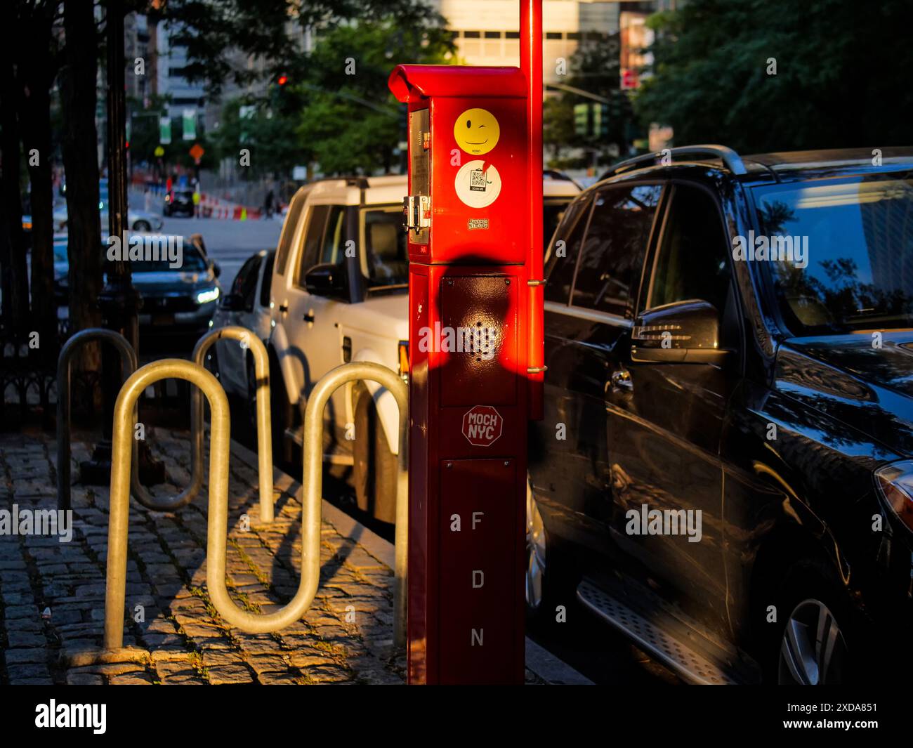 June 20, 2024: End of day shadow on a FDNY fire alarm. Long deep shadows before sunset on the longest day of the year the Summer Solstice in lower Manhattan. (Credit Image: © Milo Hess/ZUMA Press Wire) EDITORIAL USAGE ONLY! Not for Commercial USAGE! Stock Photo