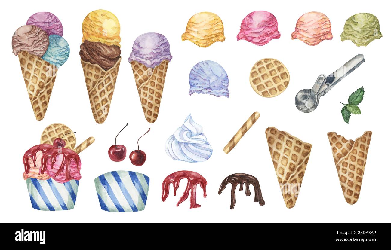 Ice cream design elements set including various flavors, cherries, waffle cones, wafer sticks, whipped cream, mint leaves and metal scoop, drizzles of chocolate and berry sirup. Watercolor clipart Stock Photo