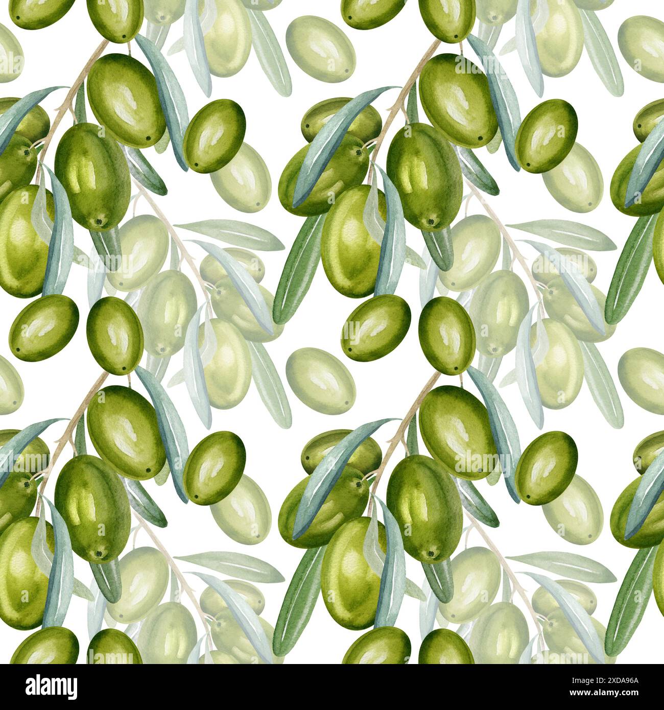 watercolor seamless pattern with branch of green olives with leaves and ...