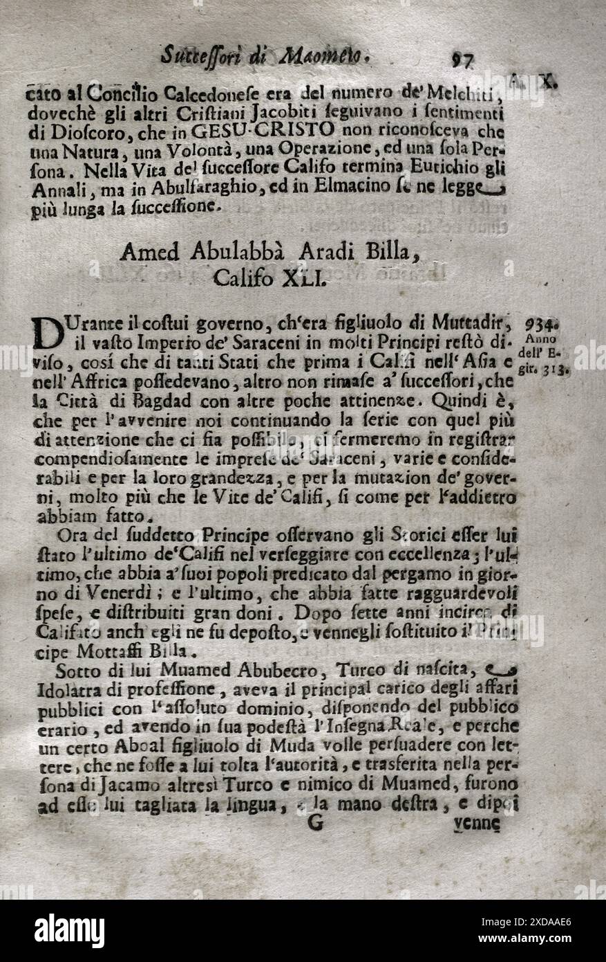 'Mappamondo Istorico'. Volume VI. Part I. It comprises the life of the Mohammedan caliphs and the Ottoman emperors, from 571 to 1566. al-Mahdi Billah (Abd Allah al-Mahdi Billah) (873-934). Imam-Caliph (909-934). By Father Antonio Foresti (1625-1692), of the Society of Jesus. Venice and Parma, 1710. Stock Photo