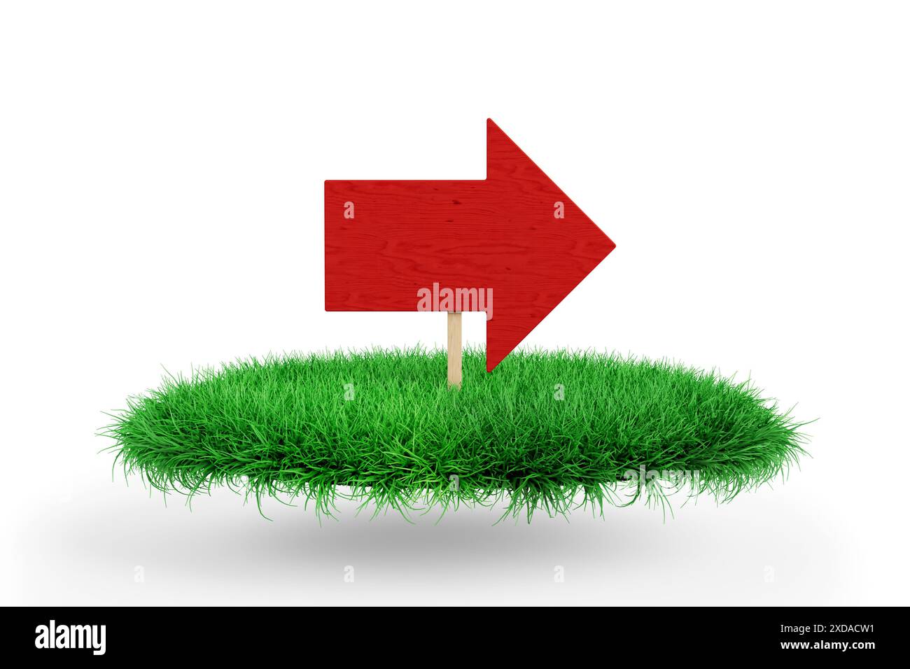 Red Direction Arrow on a Green Grass Podium Stage on a white background. 3d Rendering Stock Photo