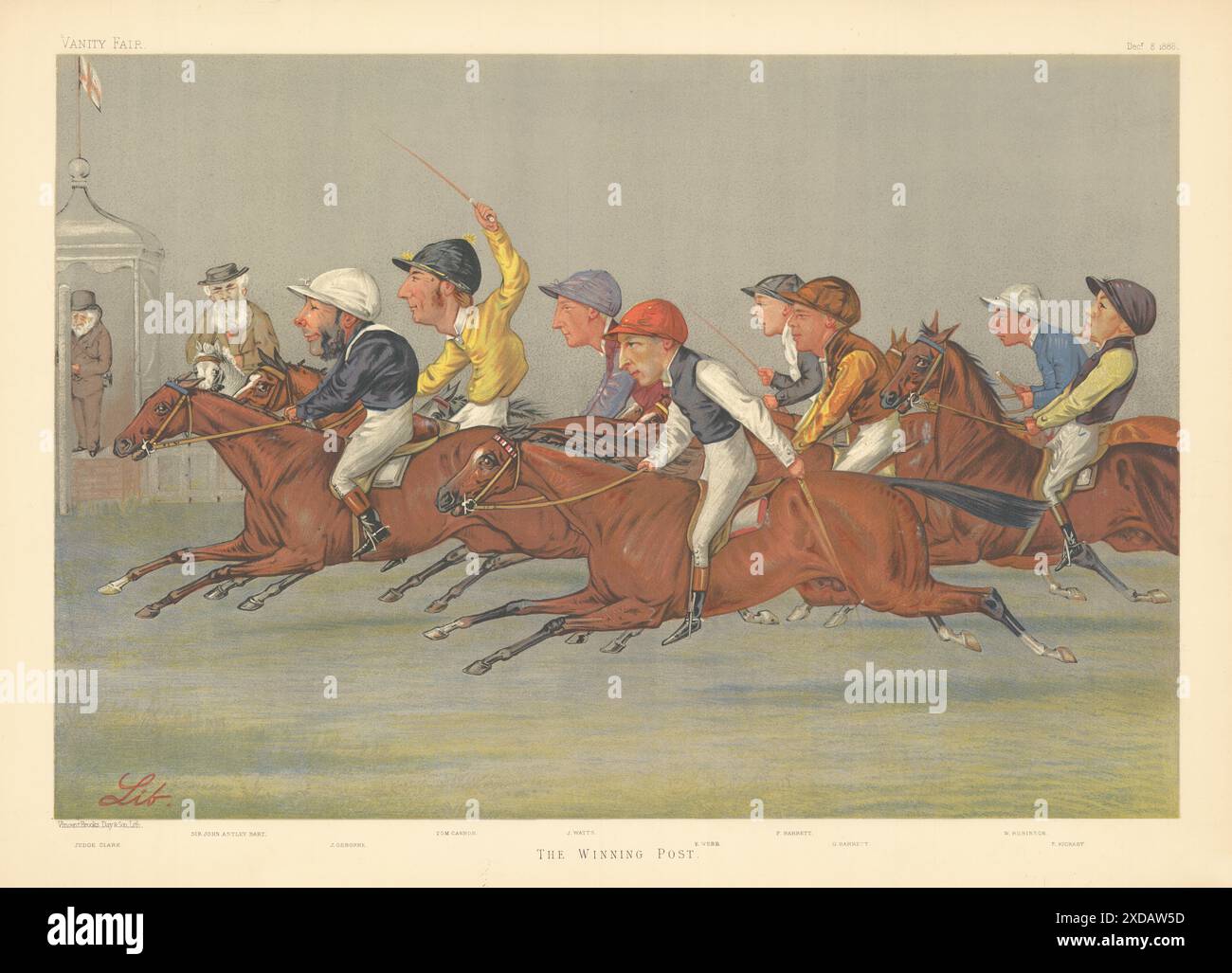 VANITY FAIR SPY CARTOON FOLIO Group of jockeys & horses 'The Winning Post' 1888 Stock Photo