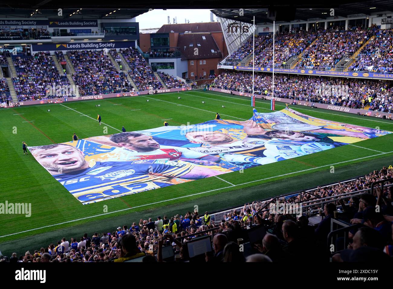 A general view of a large banner on the field in tribute to Rob Burrow ...