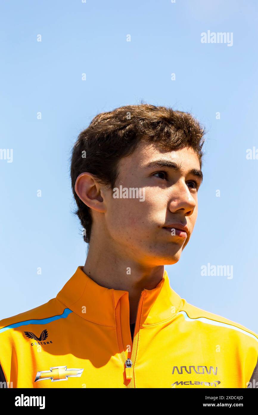 Salinas, Ca, USA. 21st June, 2024. NTT INDYCAR SERIES driver, NOLAN SIEGEL (78) of Palo Alto, California, gives an interview to the media during the Firestone Grand Prix of Monterey weekend at WeatherTech Raceway Laguna Seca in Salinas, CA. (Credit Image: © Walter G. Arce Sr./ASP via ZUMA Press Wire) EDITORIAL USAGE ONLY! Not for Commercial USAGE! Stock Photo