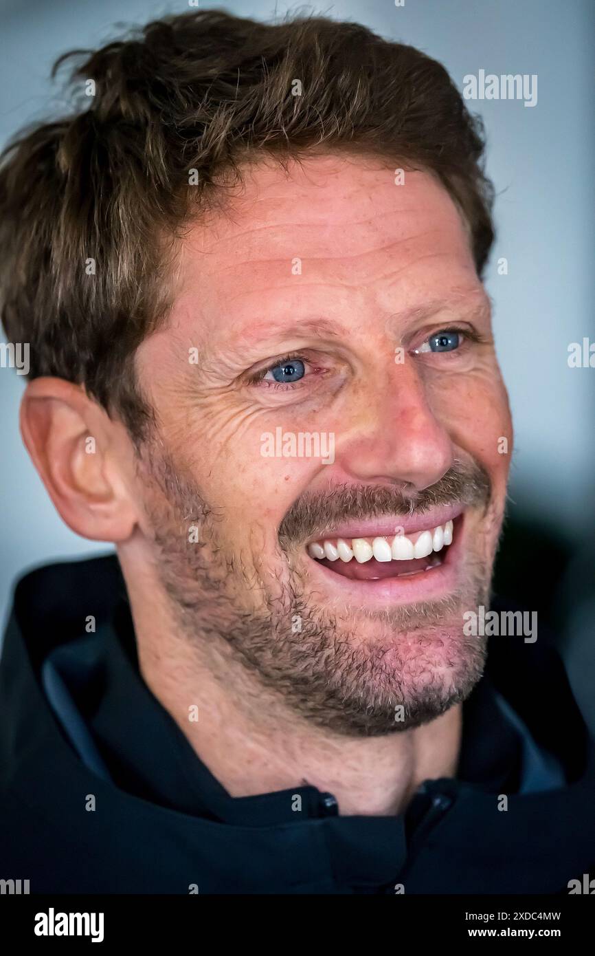 Salinas, Ca, USA. 21st June, 2024. NTT INDYCAR SERIES driver, ROMAIN GROSJEAN (77) of Geneva, Switzerland, gives an interview to the media during the Firestone Grand Prix of Monterey weekend at WeatherTech Raceway Laguna Seca in Salinas, CA. (Credit Image: © Walter G. Arce Sr./ASP via ZUMA Press Wire) EDITORIAL USAGE ONLY! Not for Commercial USAGE! Stock Photo