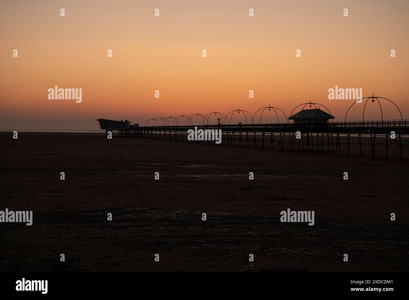 Southport Pier and beach when the tide was out. Merseyside, UK