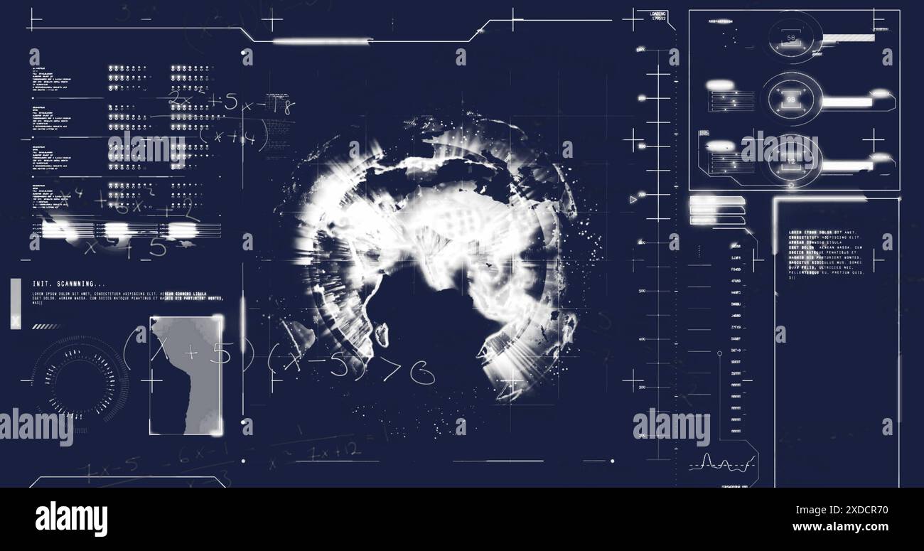 Image of mathematical equations over interface with data processing against spinning globe Stock Photo