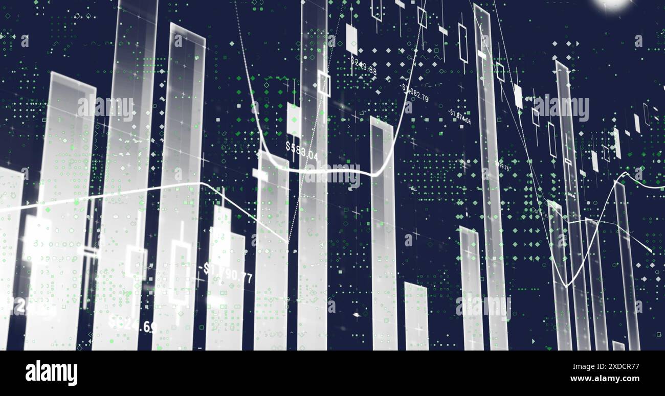 Image of statistics and data processing over screens Stock Photo