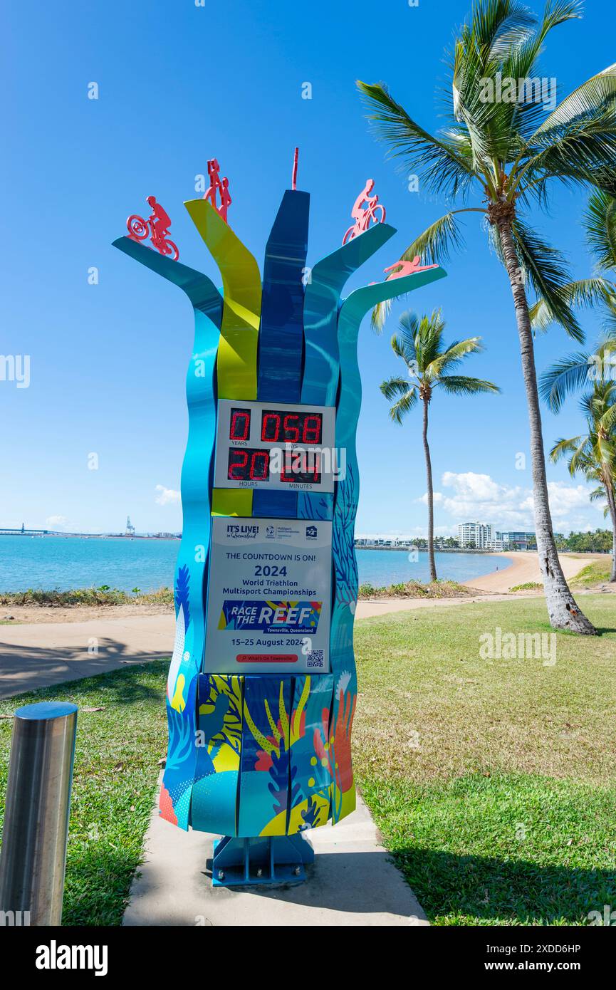 Electronic Countdown display for the 2024 World Triathlon Multisport Championships on the Strand, Townsville, Far North Queensland, FNQ, QLD, Australi Stock Photo