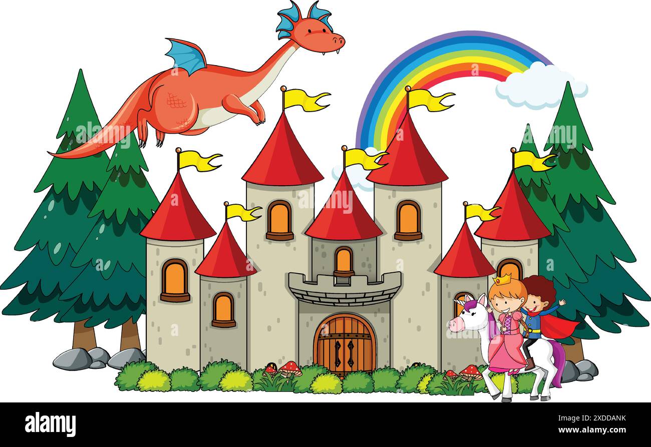 Castle scene with dragon, rainbow, and children on horse Stock Vector ...