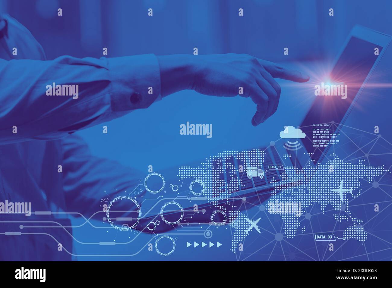 Digital Technology Global Management in Logistic Industry Concept. Shipping Import Export Cargo Tracking Connectivity Background. Stock Photo