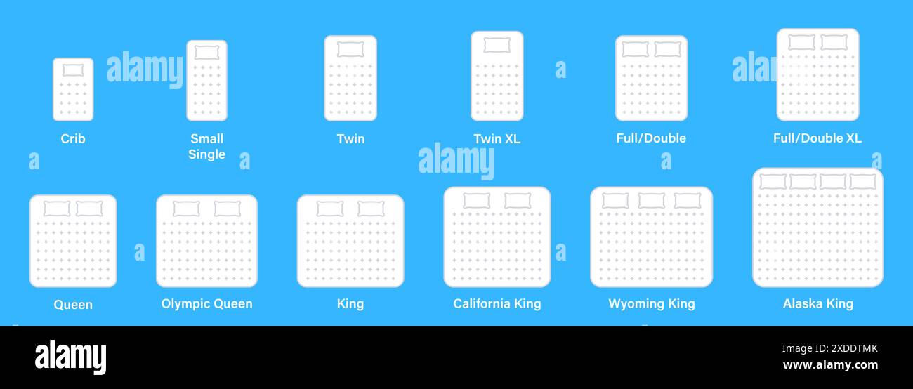 Different White Mattress Line Icons. Mattress Sizes and Bed Dimensions