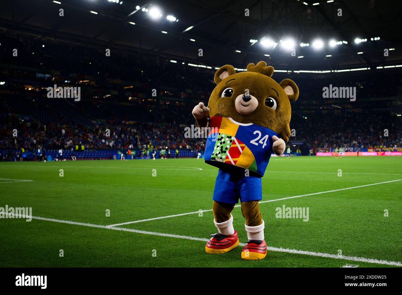 Gelsenkirchen, Germany. 20 June 2024. Albart the official mascot of UEFA EURO 2024 Germany gestures during half time of the UEFA EURO 2024 group stage football match between Spain and Italy. Credit: Nicolò Campo/Alamy Live News Stock Photo