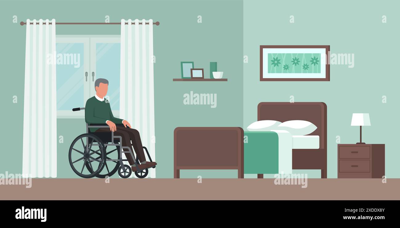 Senior man in a wheelchair and bedroom interior, senior care and accessibility concept Stock Vector