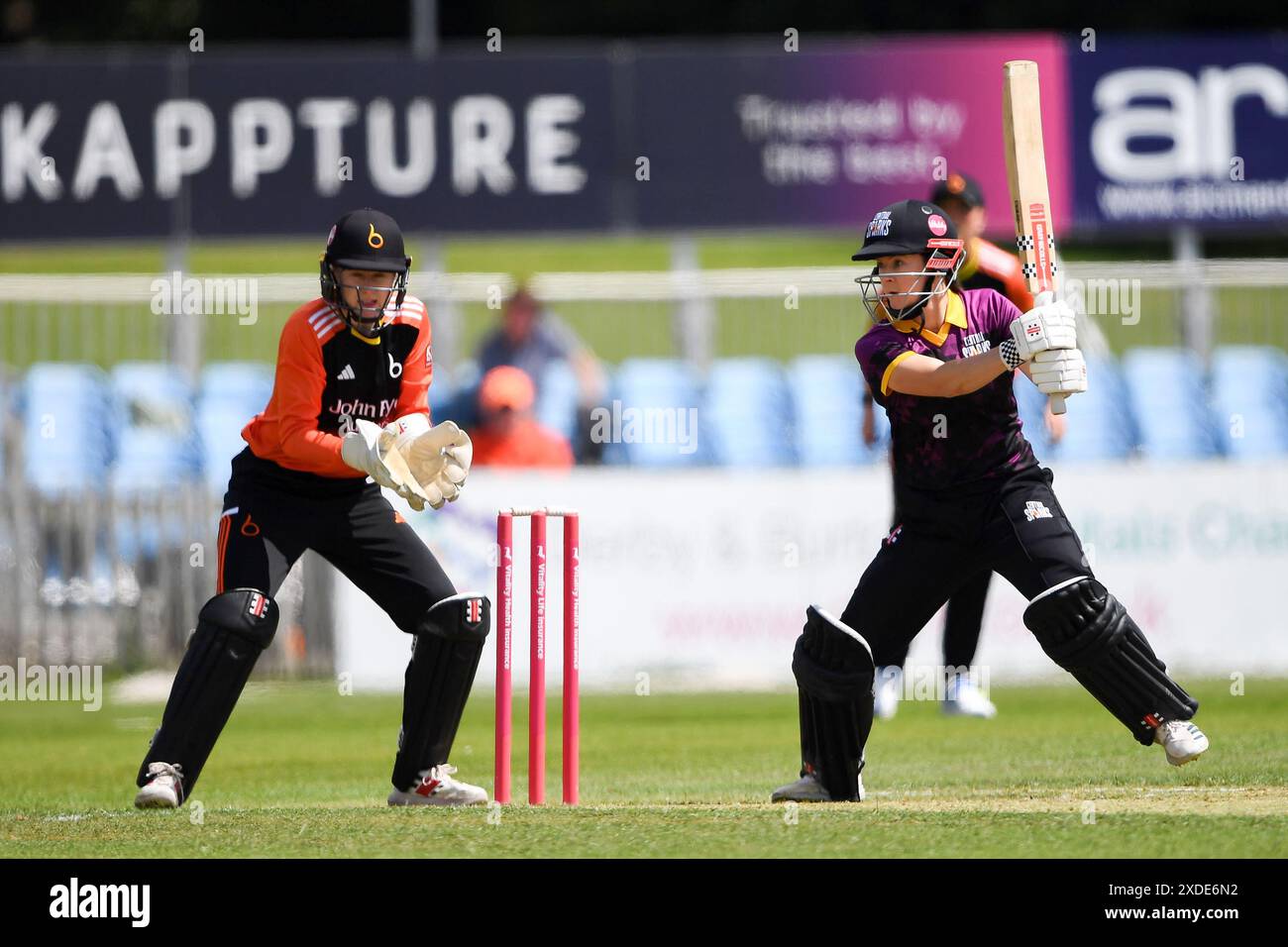 Derby, UK. 22 June 2024. Courtney Webb of Central Sparks batting during the Charlotte Edwards Cup Semi-Final match between The Blaze and Central Sparks at The County Ground. Credit:Dave Vokes/Alamy Live News Stock Photo