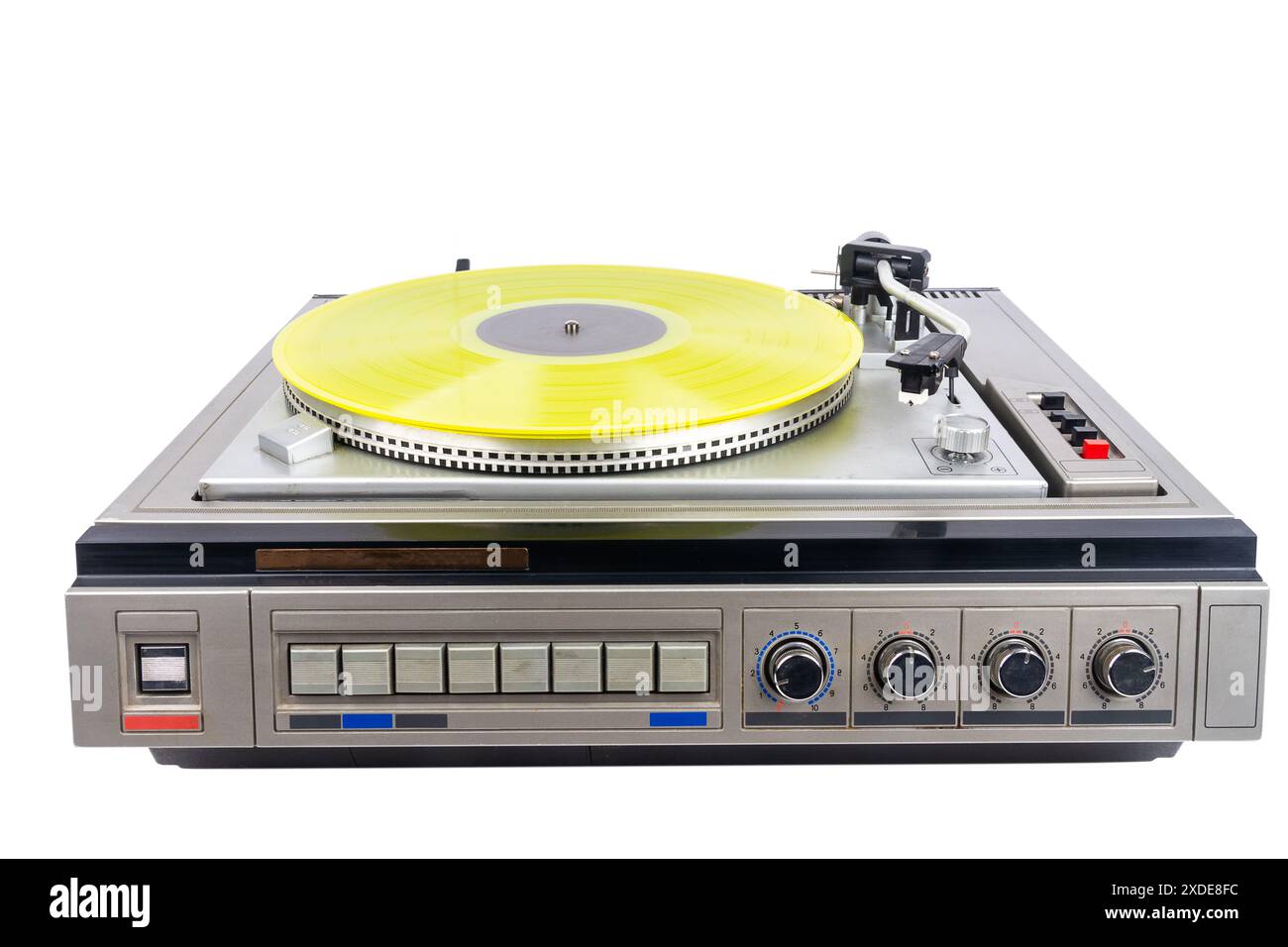 Vintage turntable record player with yellow vinyl isolated on white ...