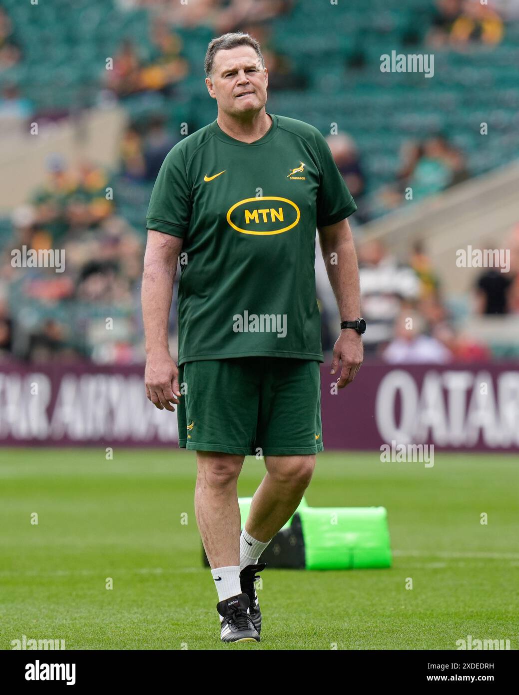 Twickenham Stadium, London, UK. 22nd June, 2024. Qatar Airways Cup Rugby, South Africa versus Wales; Rassie Erasmus head coach of South Africa watches his players warm up before the game Credit: Action Plus Sports/Alamy Live News Stock Photo