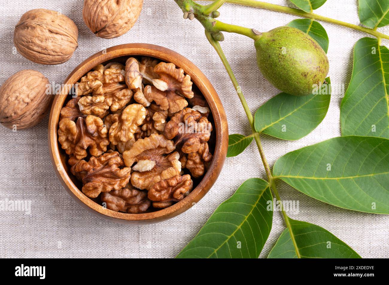 Walnut halves in a wooden bowl on linen fabric. Shelled, dried walnut kernels, ripe seeds of the common walnut tree. Stock Photo