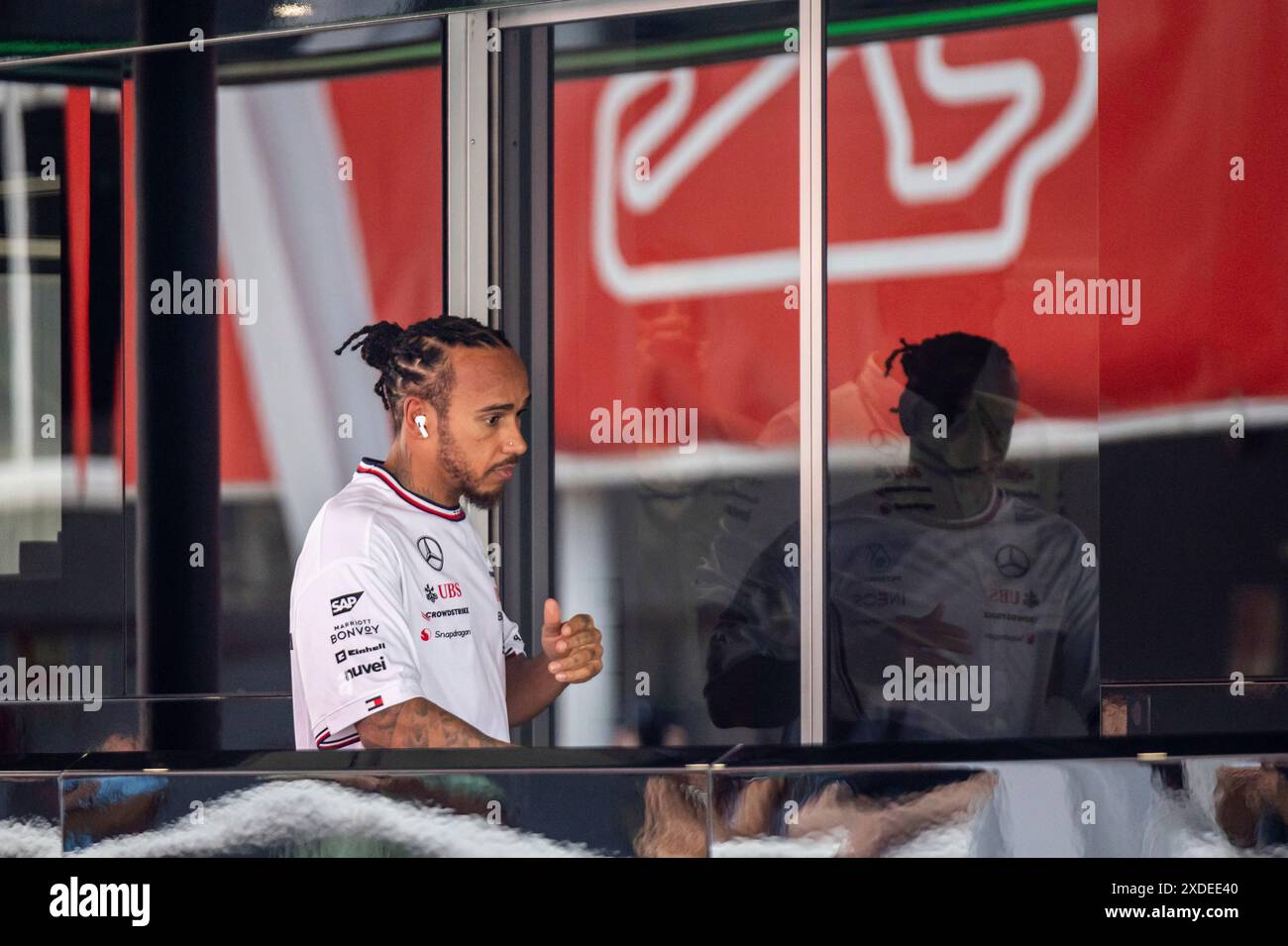 BARCELONA SPAIN JUNE 22 Lewis Hamilton 44 of United Kingdom and team Mercedes AMG Petronas F1 Team heads to his trailer after FP3 practice on Saturday June 22 2024 at the Circuit