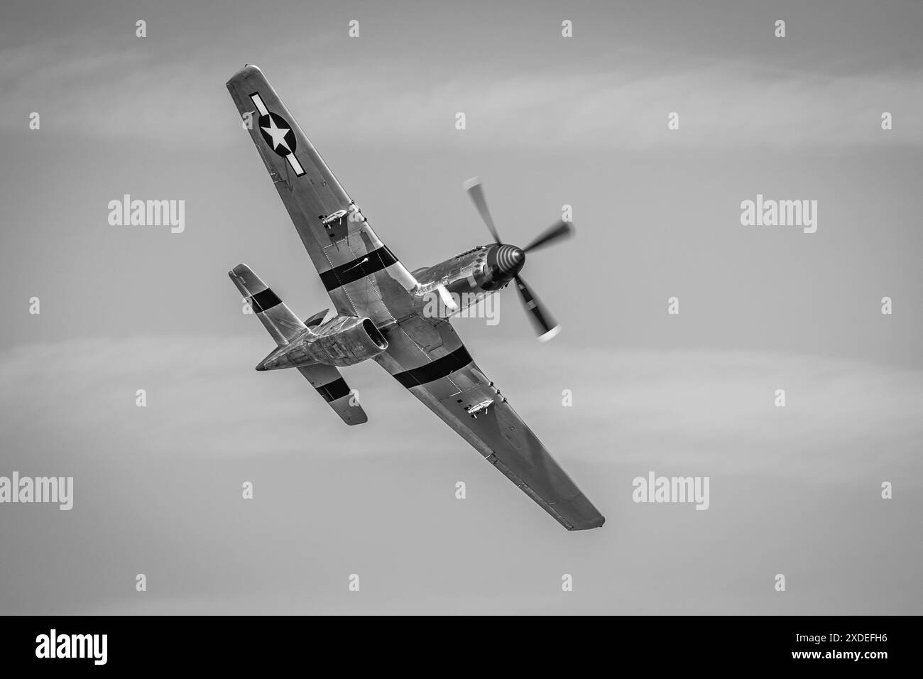 1944 North American P-51D Mustang ‘Jersey Jerk’ airborne at the Military Airshow held at Shuttleworth on the 2nd June 2024. Stock Photo