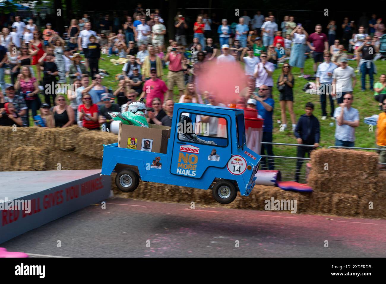 Alexandra Palace, London, UK. 22nd Jun, 2024. Weird and wacky soapbox designs raced down the hill course through Alexandra Park below ‘Ally Pally’ and over jumps that tested the designs and driving abilities of the teams. A large number of hand-made carts powered purely by gravity and a push from the crews from the top of the hill attempted to set the fastest time. Many came to grief before the finish line, which was just after a jump ramp that hurled the fastest carts high into the air. Team Bricks and Disorder Stock Photo