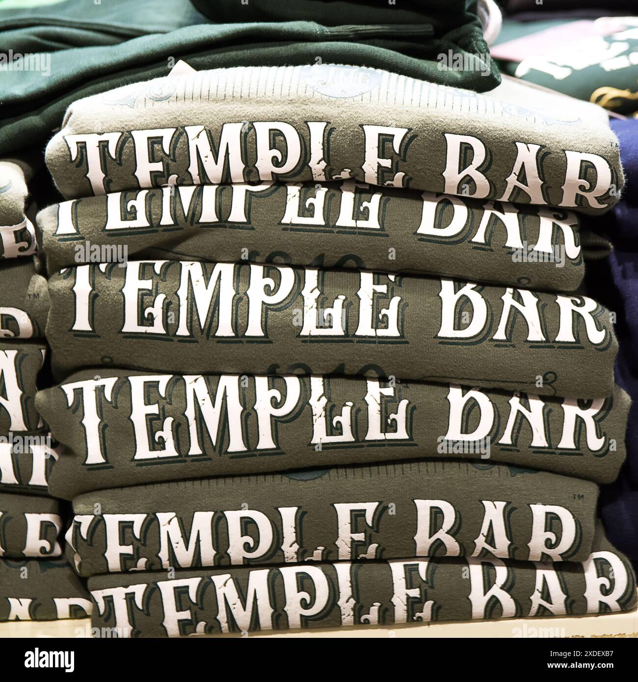 Dublin, Ireland - 23 May 2024: Stack of sweatshirts with Temple Bar writing in a shop in the neighborhood of the same name Stock Photo