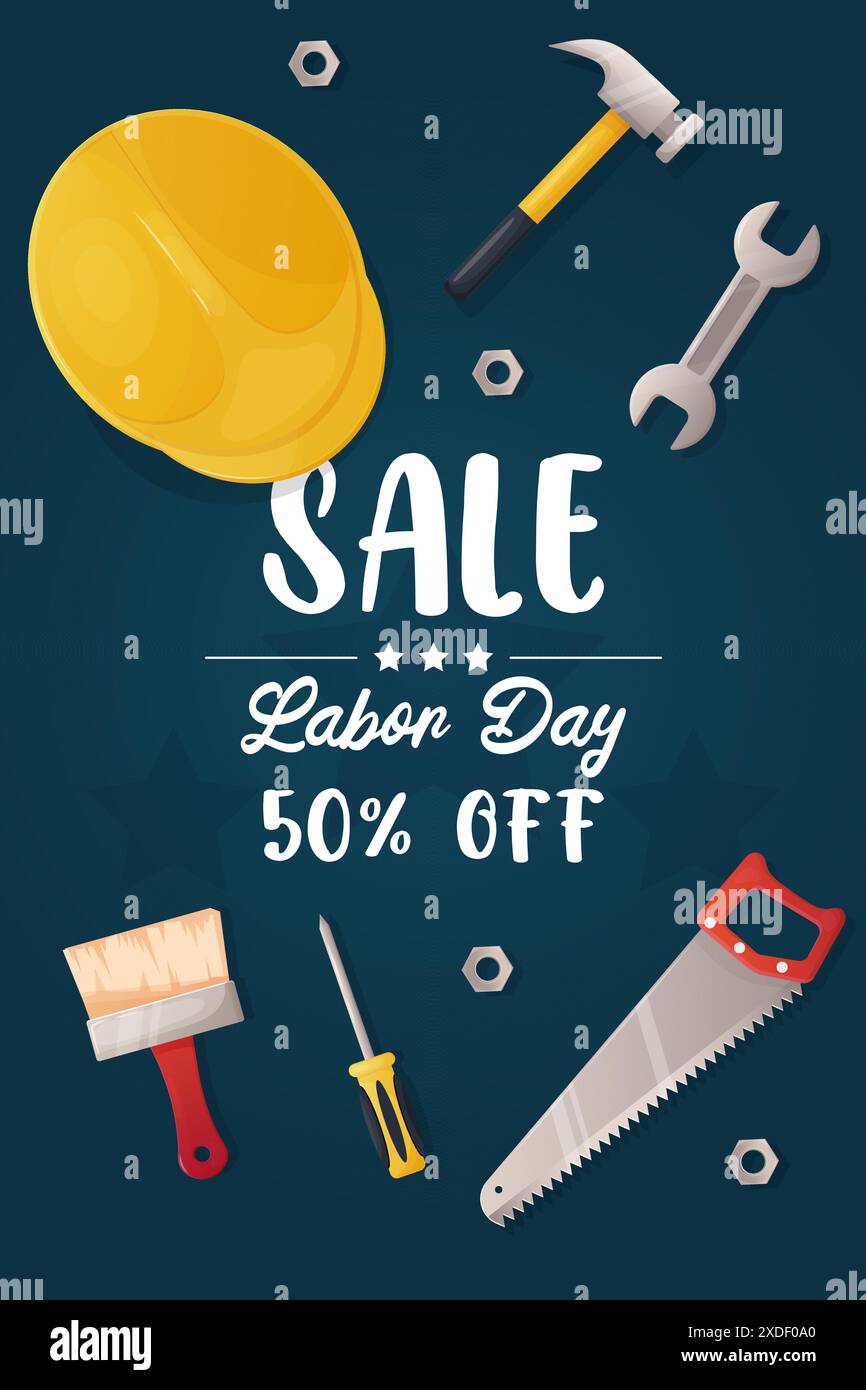 Banner, discount poster, sale, happy labor day, blue background and