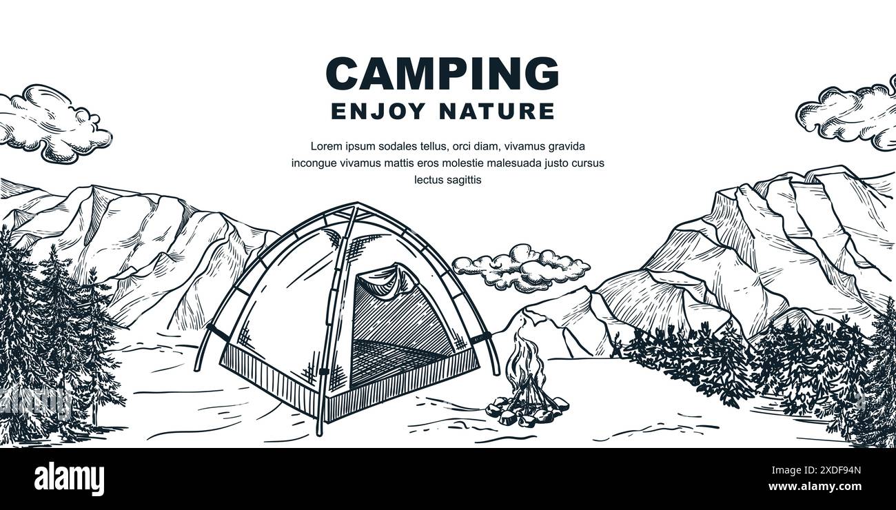 Tent camping in pine forest. Summer outdoor camp horizontal banner design template. Mountains adventures vector hand drawn sketch illustration Stock Vector