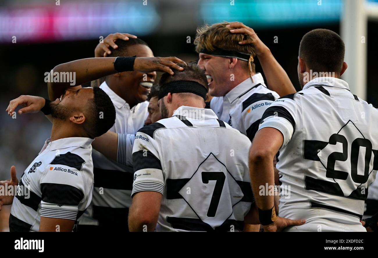 Twickenham, United Kingdom. 22nd June, 2024. Killick cup, Barbarians V Fiji. Twickenham Stadium. Twickenham . Lachlan Boshier (Barbarians, 7) is congratulated by his team mates during the Killick Cup match between Barbarians and Fiji. Credit: Sport In Pictures/Alamy Live News Stock Photo