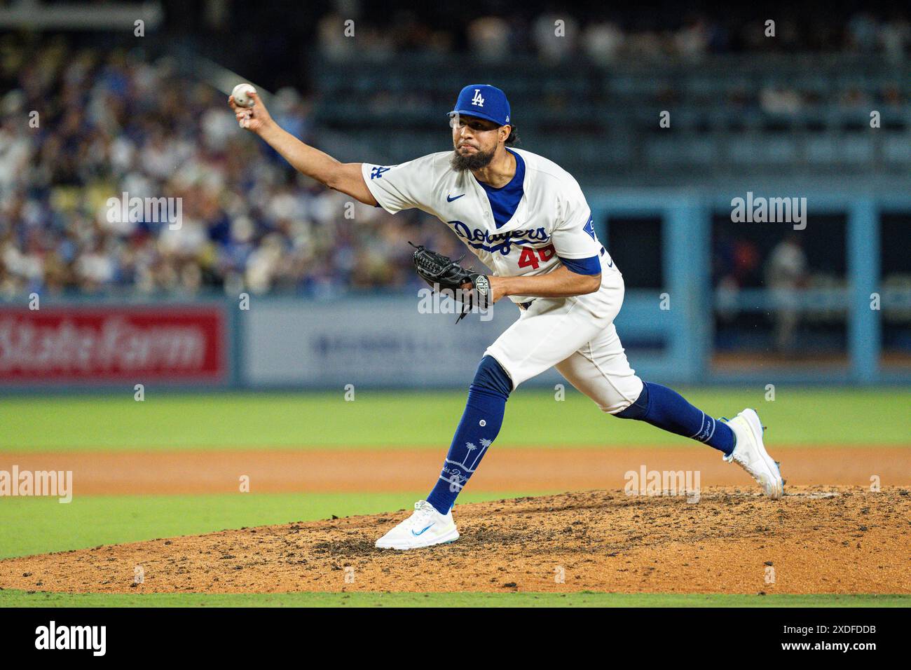 Los Angeles Dodgers pitcher Yohan Ramírez (46) throws during a MLB game against the Los Angeles