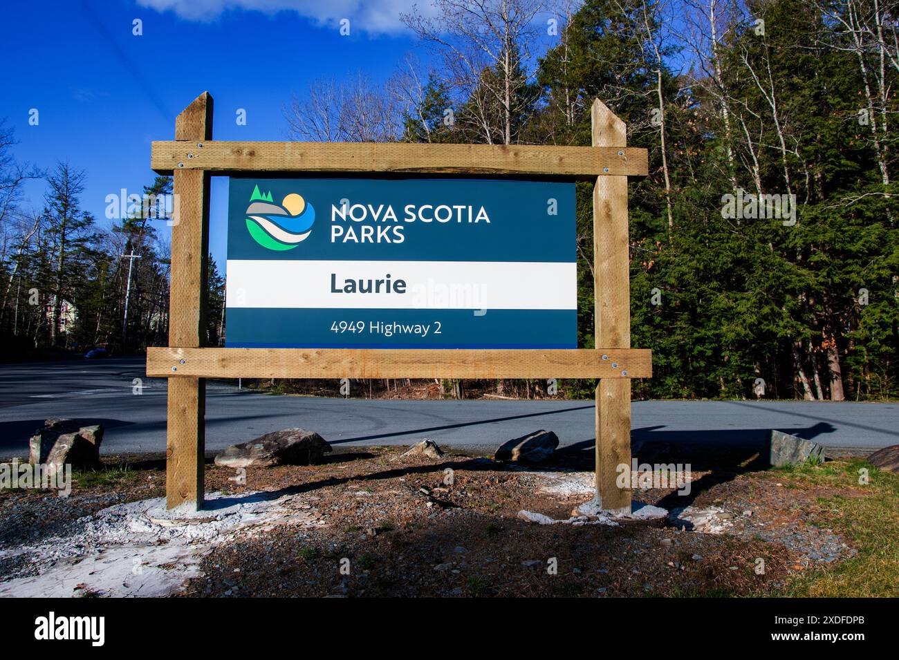 Welcome to Laurie Park sign on NS 2 in Oakfield, Nova Scotia, Canada Stock Photo