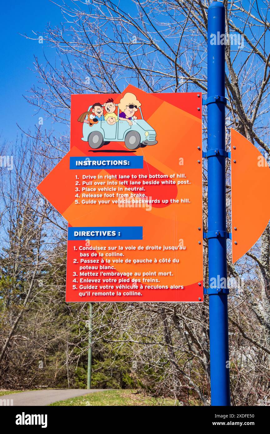 Instructions sign on driving on the hill at Magnetic Hill in Moncton, New Brunswick, Canada Stock Photo