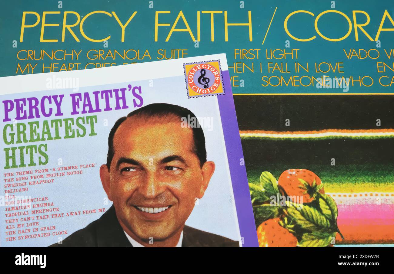 Viersen, Germany - May 9. 2024: Vinyl record album cover Corazon and Greatest Hits from 1973 of bandleader and orchestra conductor Percy Faith Stock Photo