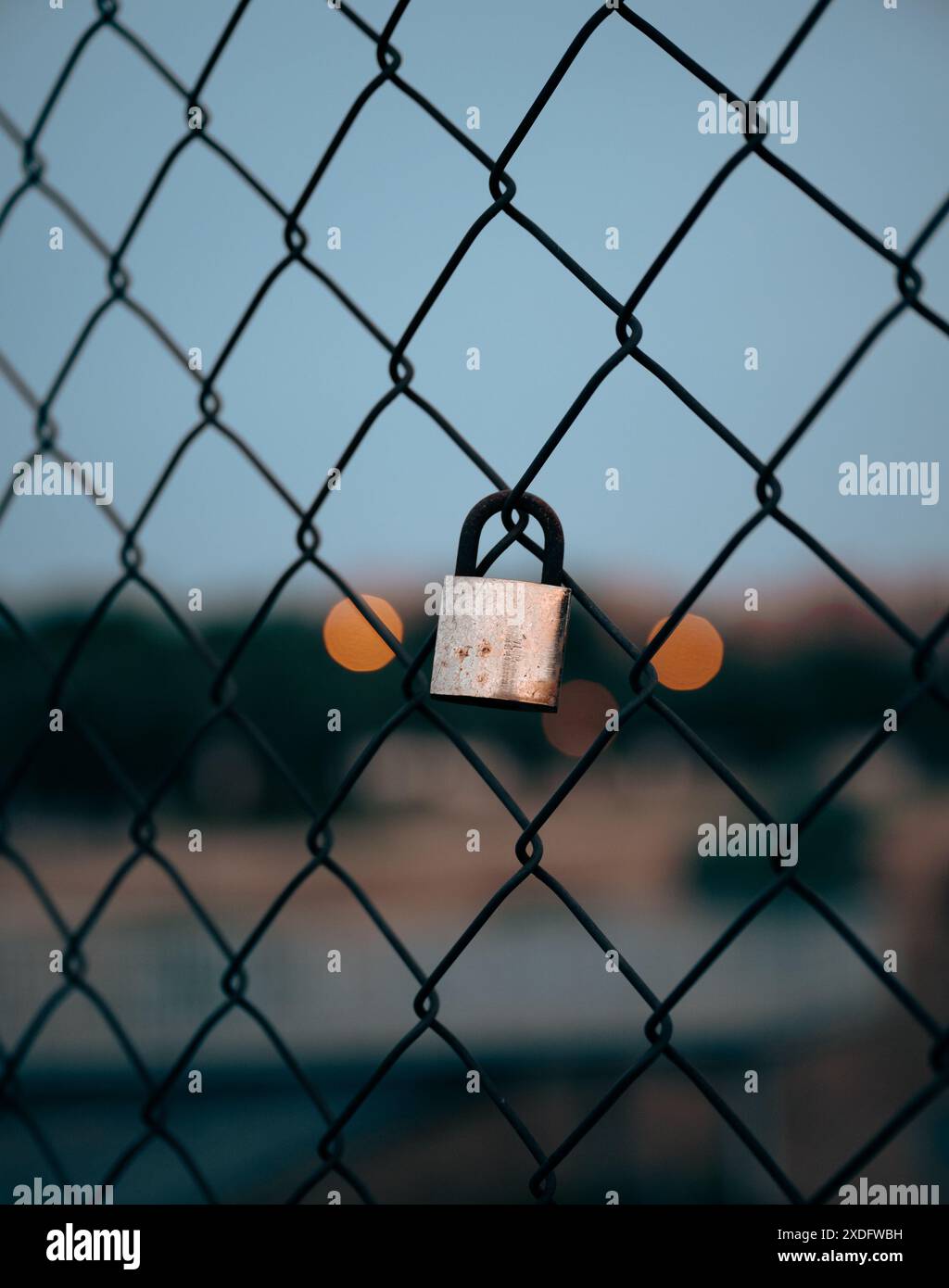 Closed padlock on metal net over sunset Stock Photo