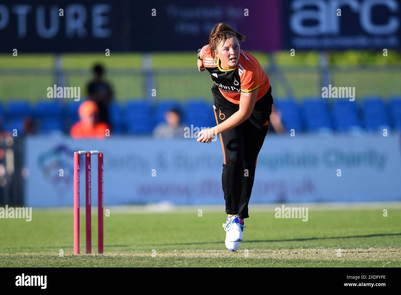 Derby, UK. 22 June 2024.Grace Ballinger of The Blaze bowling during the ...