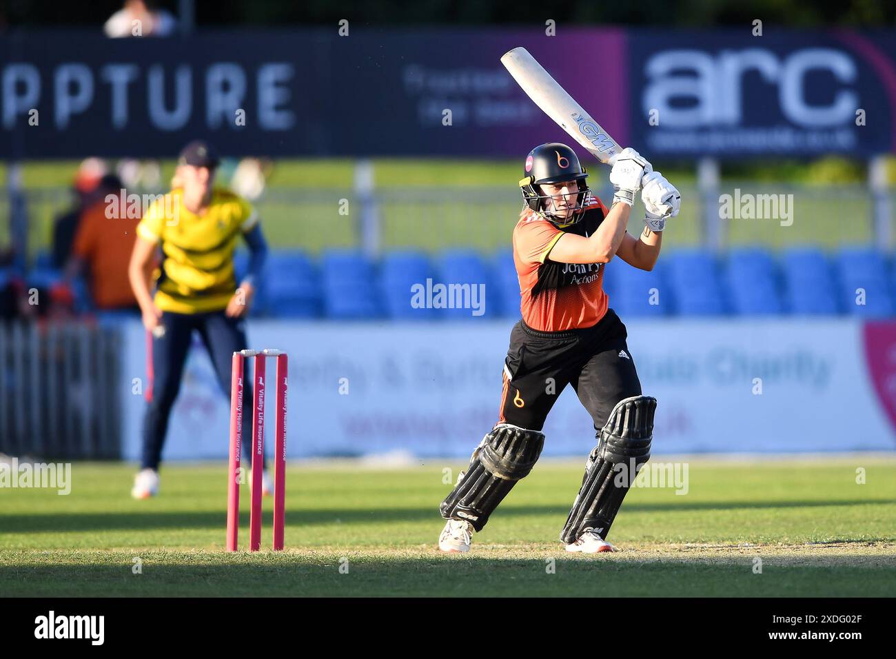 Derby, UK. 22 June 2024. Marie Kelly of The Blaze batting during the Charlotte Edwards Cup Final match between The Blaze and South East Stars at The County Ground. Credit:Dave Vokes/Alamy Live News Stock Photo