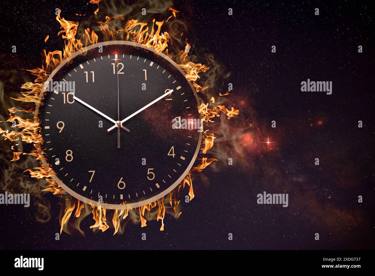 Clock in flames and night starry sky, double exposure. Time concept ...