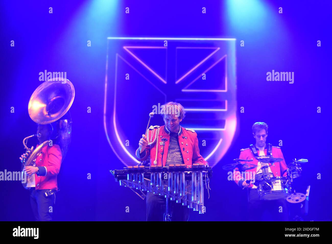 Prague, Czech Republic. 21st June, 2024. German techno marching band Meute performs live on the stage during the second day of open-air summer music festival Metronome Prague 2024. Credit: SOPA Images Limited/Alamy Live News Stock Photo