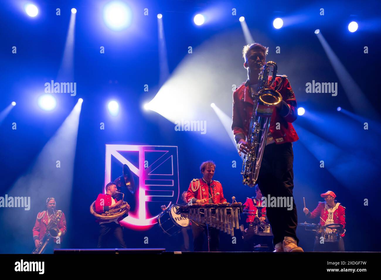 Prague, Czech Republic. 21st June, 2024. German techno marching band Meute performs live on the stage during the second day of open-air summer music festival Metronome Prague 2024. Credit: SOPA Images Limited/Alamy Live News Stock Photo