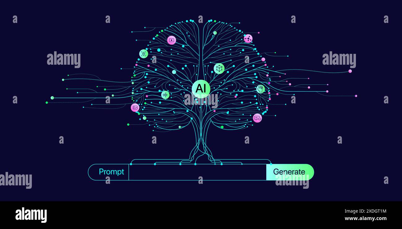 Illustration of abstract stream information. Generate image, video from prompt concept. Big data, technology, AI, data transfer, data flow, generative Stock Vector