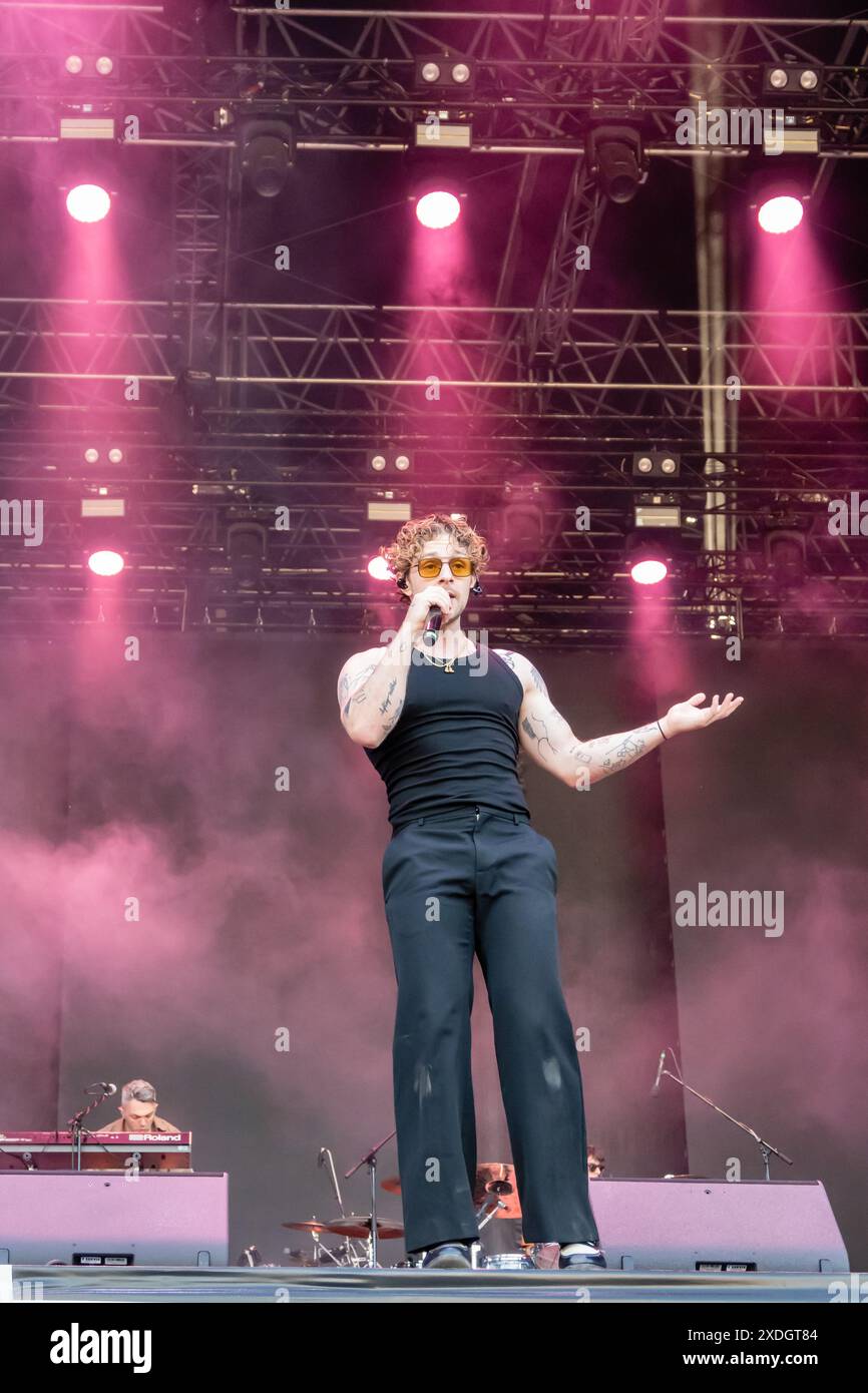 Prague, Czech Republic. 22nd June, 2024. British singer and songwriter Tom Grennan performs live on stage during the last day of open-air summer music festival Metronome Prague 2024. Credit: SOPA Images Limited/Alamy Live News Stock Photo