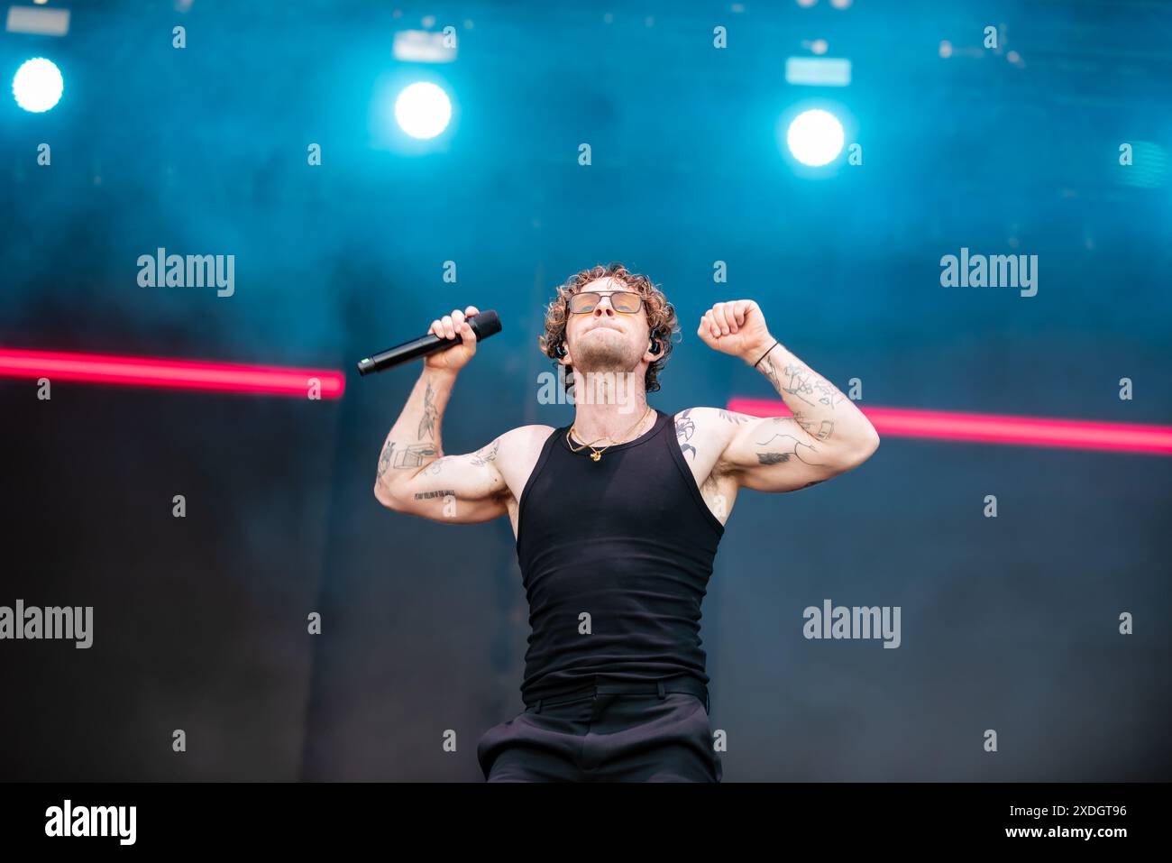 Prague, Czech Republic. 22nd June, 2024. British singer and songwriter Tom Grennan performs live on stage during the last day of open-air summer music festival Metronome Prague 2024. Credit: SOPA Images Limited/Alamy Live News Stock Photo