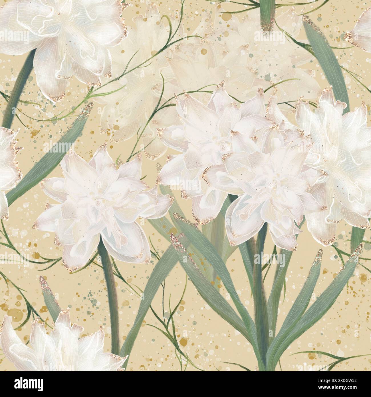 Floral seamless pattern with white flowers and green leaves on beige ...