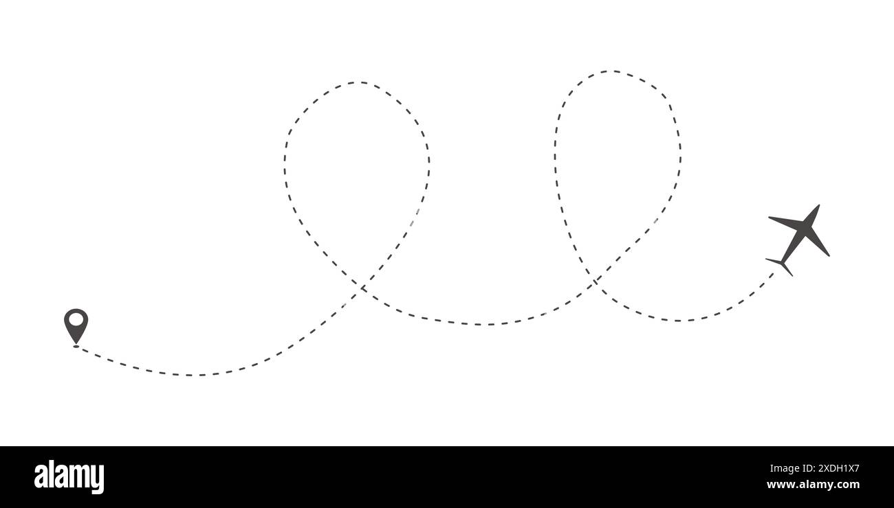 Itinerary dashed trace heart shape, line airplane flight, dotted path ...