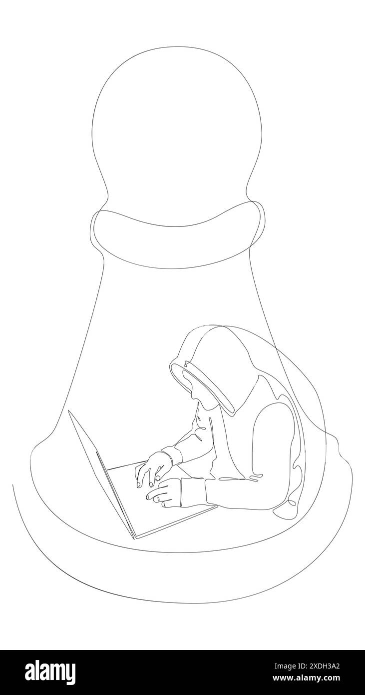 One continuous line of Hacker with laptop and chess pawn. Thin Line ...