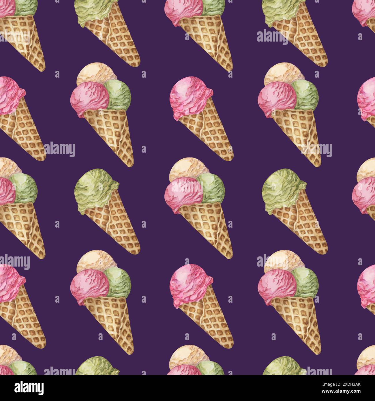 Ice cream scoops in the waffle cone seamless pattern. Vanilla, berry ...